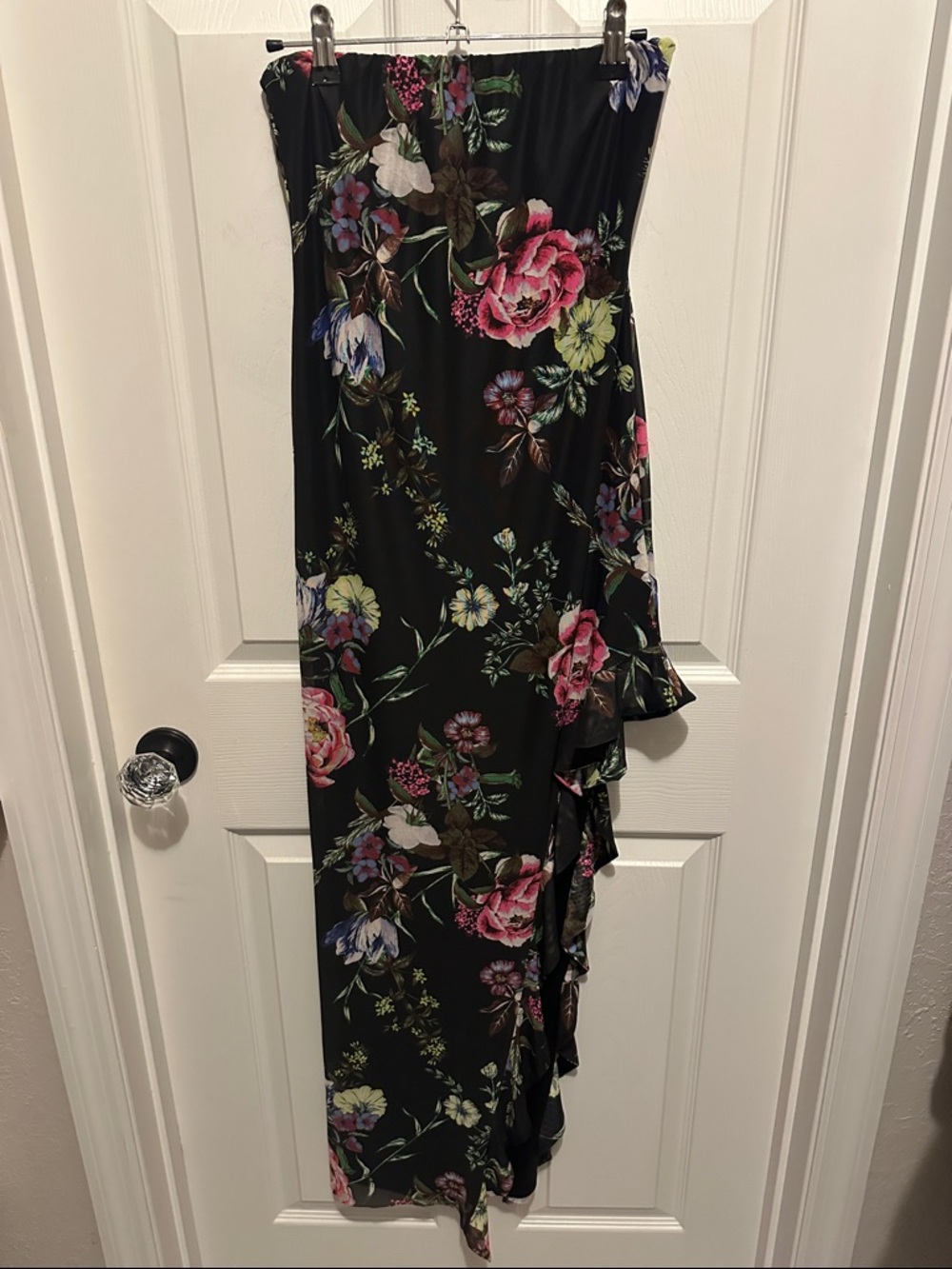 AFRM Black Strapless High-Low Floral Maxi Dress with Pink and Green Accents